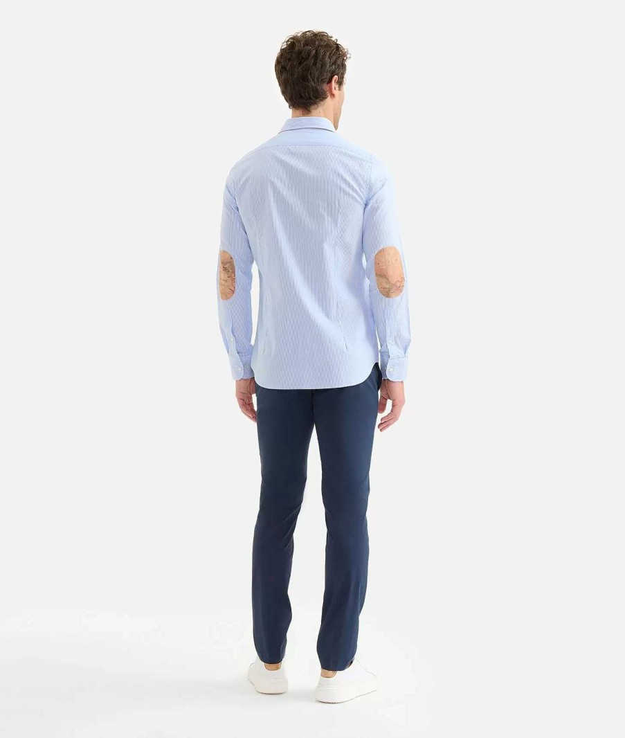 Alviero Martini Maglie, Camicie & T-Shirts | Camicia Slim In Cotone A Righine Con Toppe Azzurra