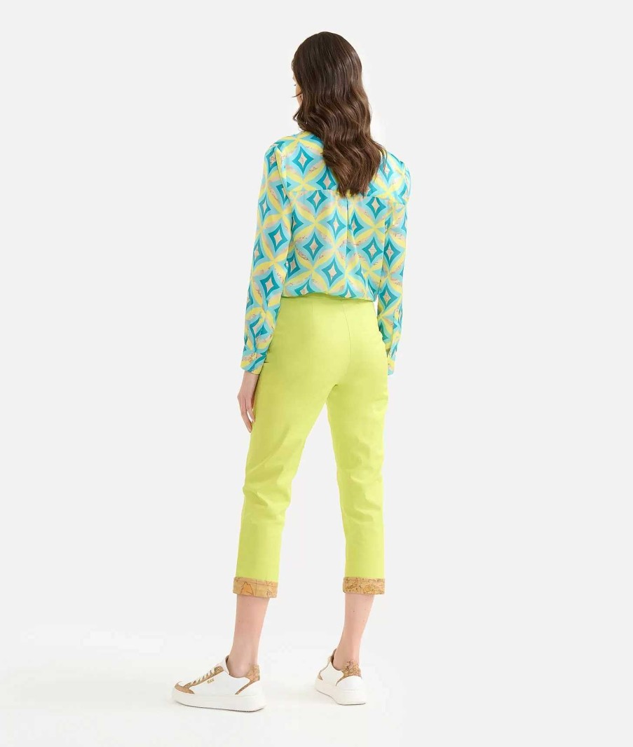 Alviero Martini Gonne & Pantaloni | Pantalone Con Risvolto In Gabardina Di Cotone Stretch Lime