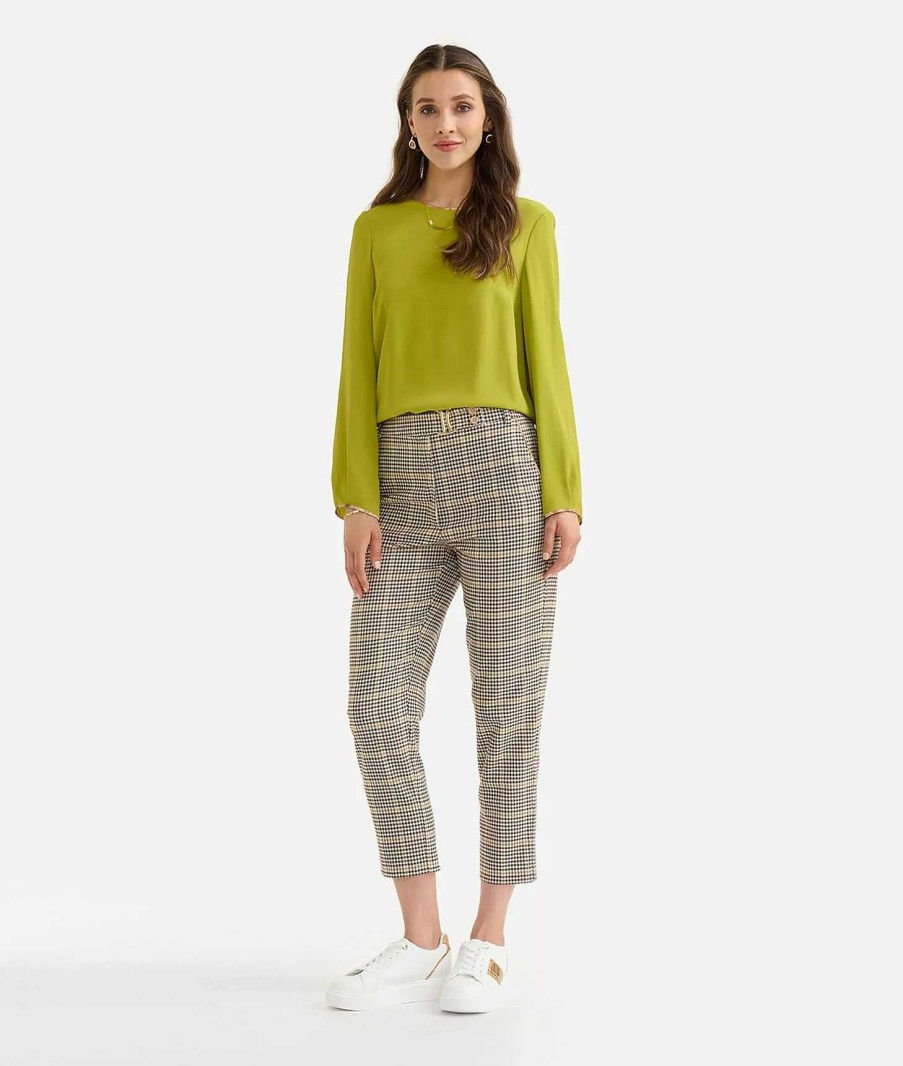 Alviero Martini Gonne & Pantaloni | Pantalone Con Accessorio 1C In Tessuto Stretch Pied De Poule Verde