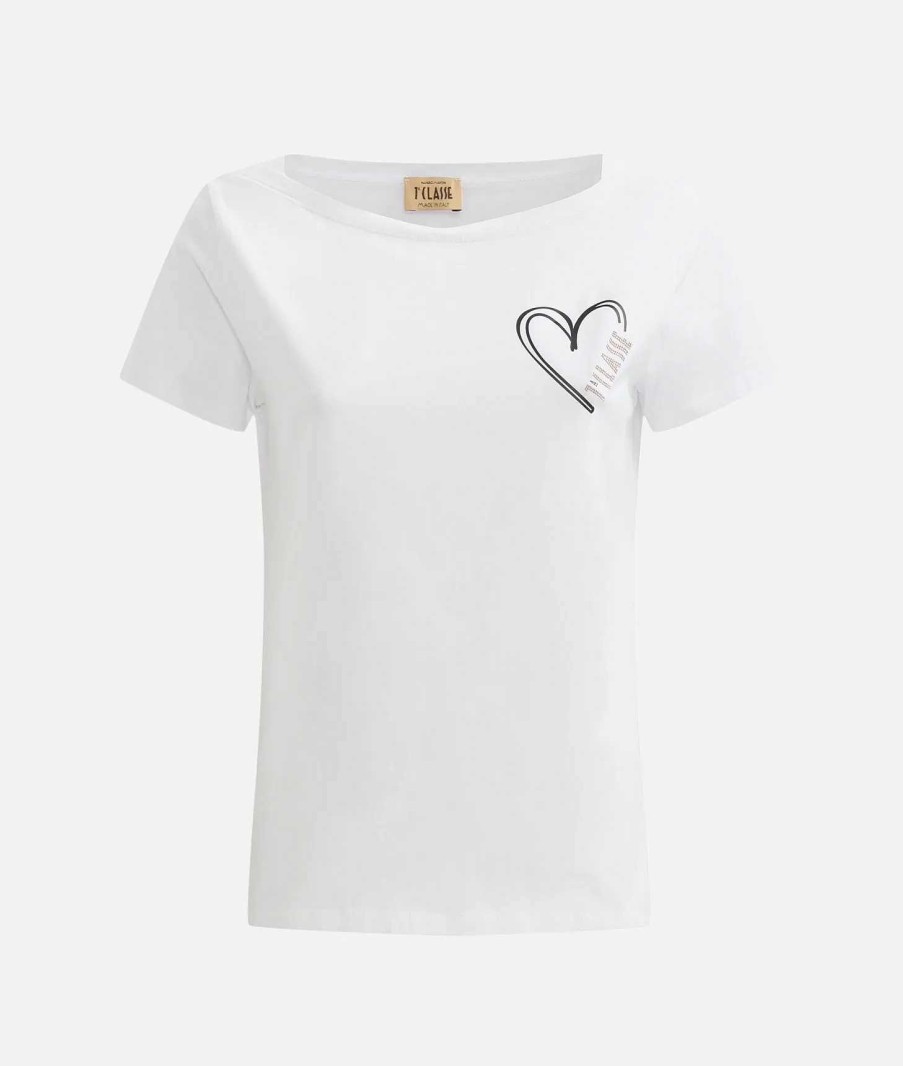 Alviero Martini Maglie, Camicie & Top | T-Shirt Con Logo E Cuore In Jersey Di Cotone Stretch Bianca