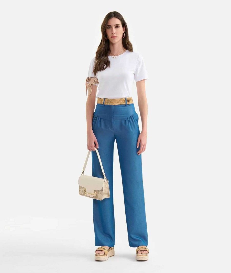 Alviero Martini Gonne & Pantaloni | Pantalone Con Cintura In Denim Fluido Blu Medio