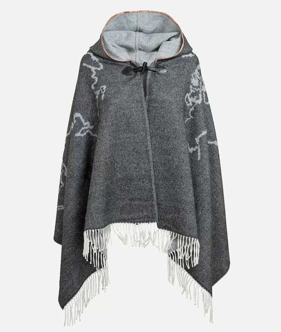 Alviero Martini Poncho & Mantelle | Mantella Con Cappuccio E Alamaro 75 X 180 Grigio Avio