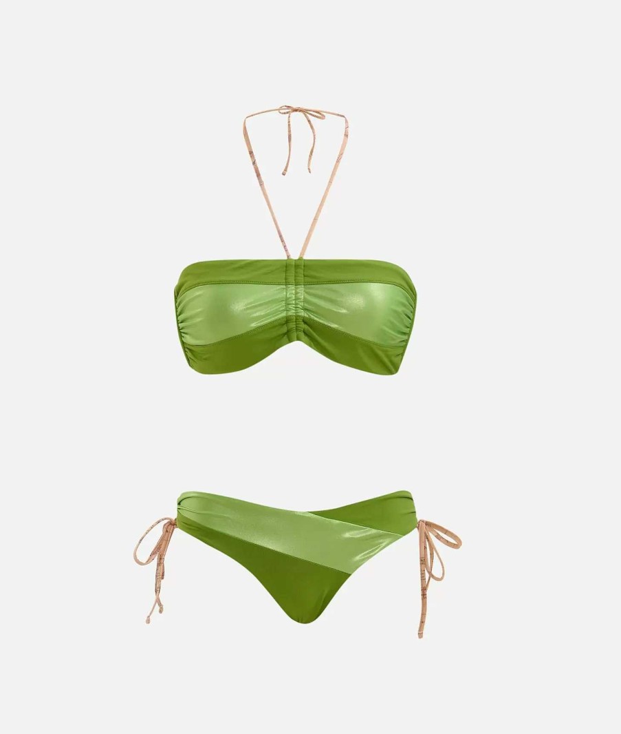 Alviero Martini Costumi & Beachwear | Color Block Satin Bikini A Fascia Verde Daiquiri