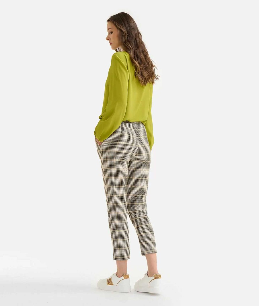 Alviero Martini Gonne & Pantaloni | Pantalone Con Accessorio 1C In Tessuto Stretch Pied De Poule Verde