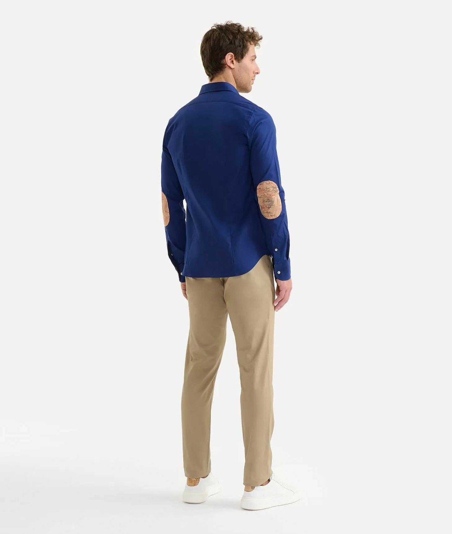 Alviero Martini Maglie, Camicie & T-Shirts | Camicia Super Slim In Cotone Stretch Con Toppe Blu