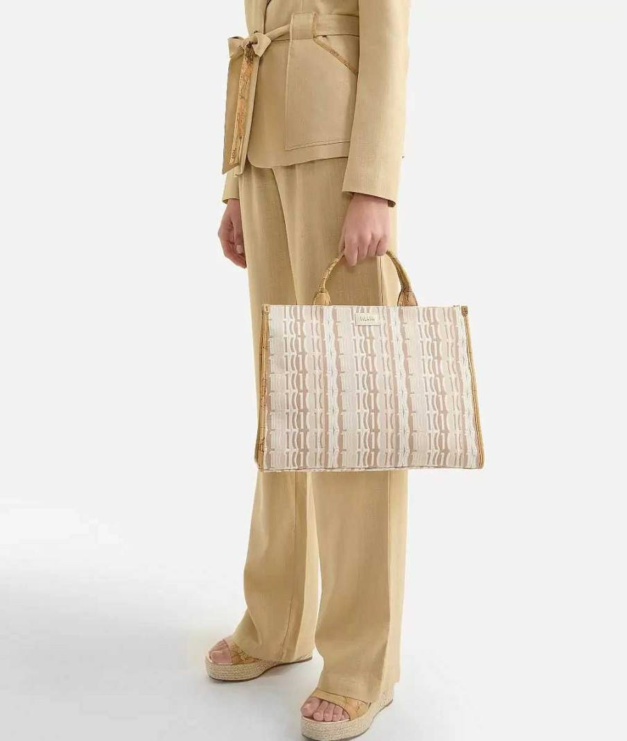 Alviero Martini Borse A Mano | Jacquard Sand Borsa A Mano Grande Con Tracolla Naturale