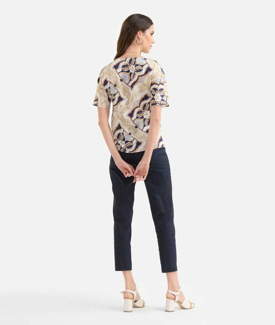 Alviero Martini Maglie, Camicie & Top | Blusa Manica Kimono In Twill Stampa Geo Miami Deco Blu