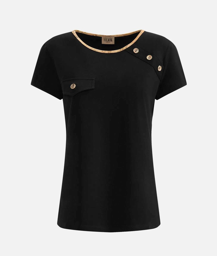 Alviero Martini Maglie, Camicie & Top | T-Shirt Con Bottoni Gioiello In Jersey Di Cotone Stretch Nera