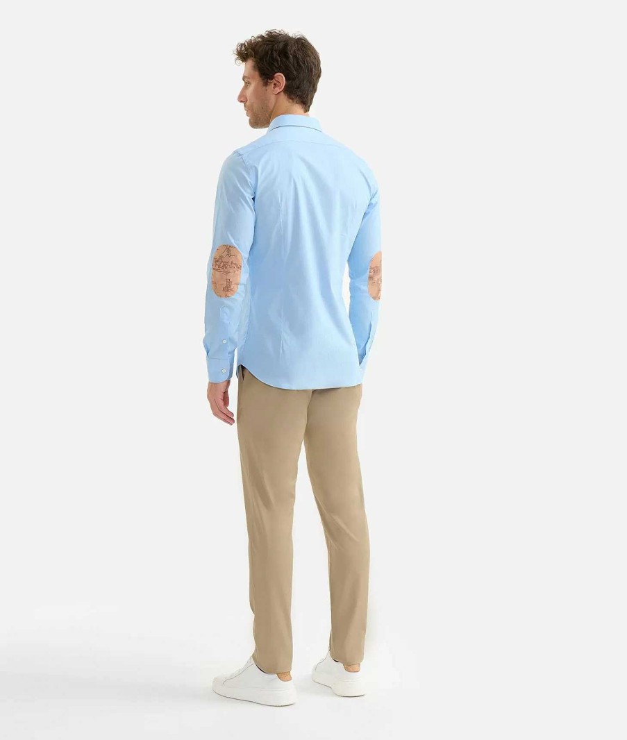 Alviero Martini Maglie, Camicie & T-Shirts | Camicia Slim In Cotone Stretch Con Toppe Azzurro Cielo