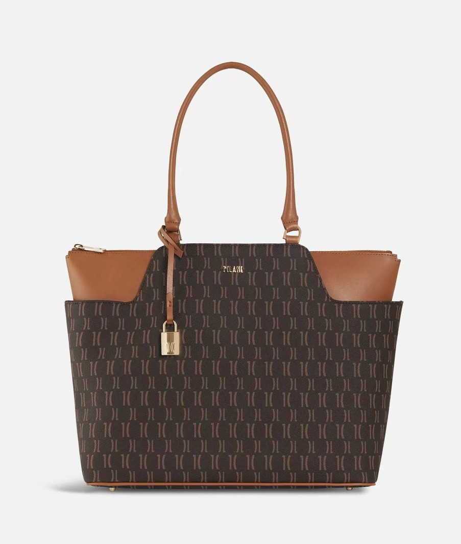 Alviero Martini Borse A Spalla | Monogram Borsa Shopping Con Tasche Cuoio