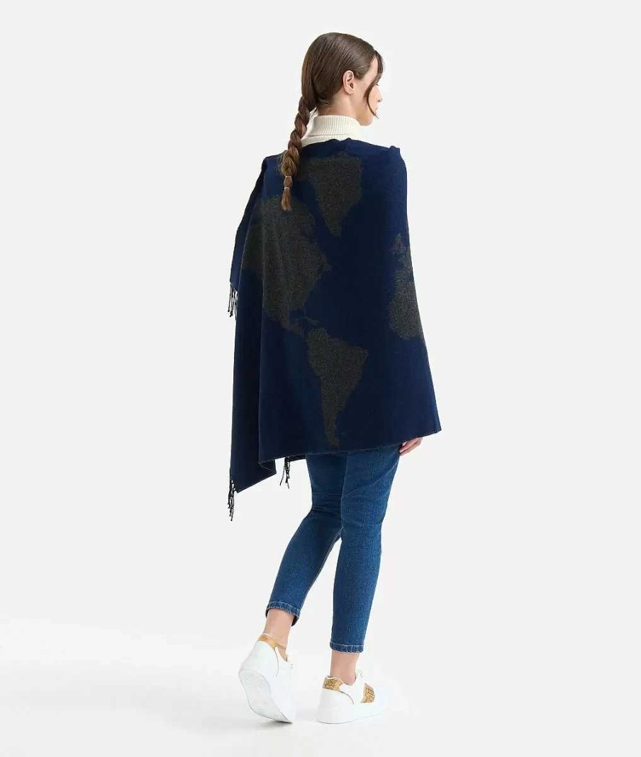 Alviero Martini Poncho & Mantelle | Sciarpone Geo Pieno Con Bottoni 75 X 180 Blu Notte