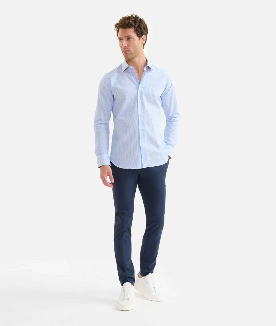 Alviero Martini Maglie, Camicie & T-Shirts | Camicia Slim In Cotone A Righine Con Toppe Azzurra