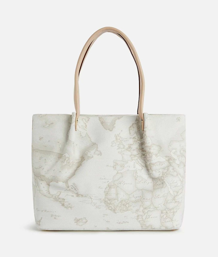 Alviero Martini Borse Shopping | Borsa Shopping In Tessuto Stampa Geo White Bianca