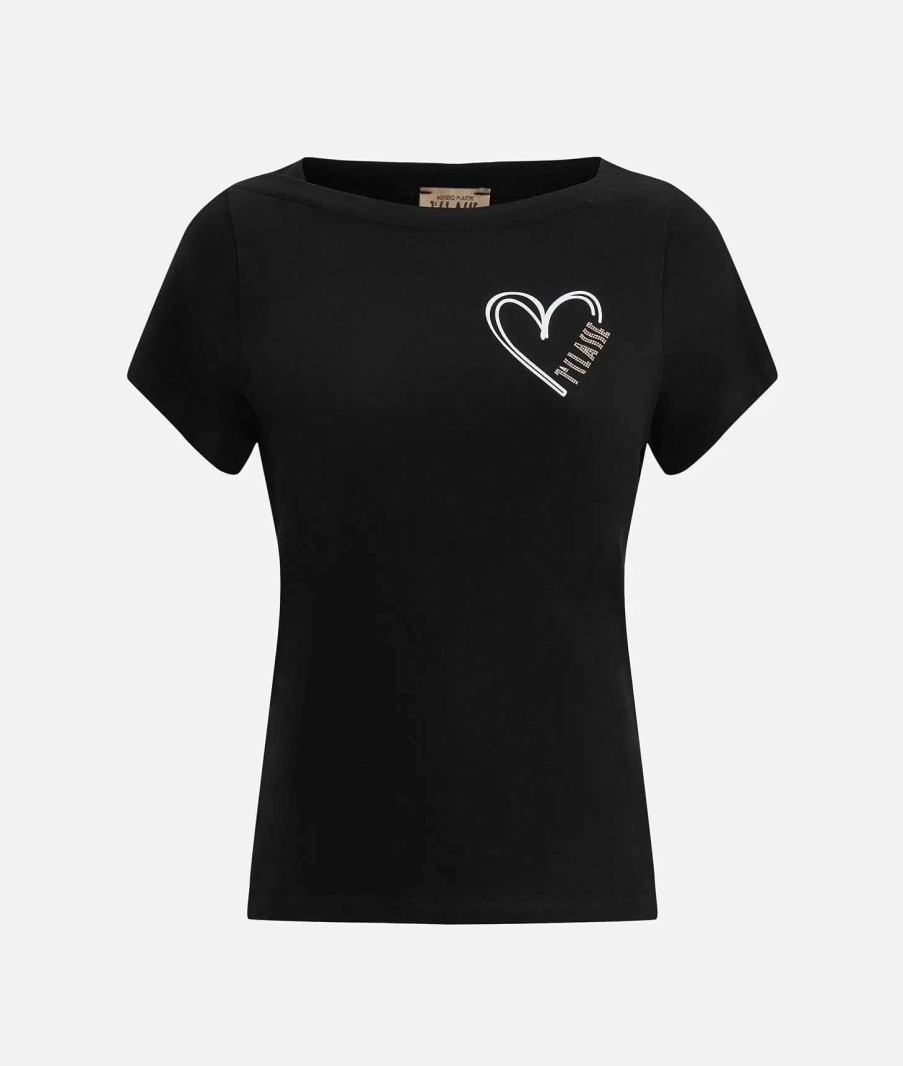 Alviero Martini Maglie, Camicie & Top | T-Shirt Con Logo E Cuore In Jersey Di Cotone Stretch Nera