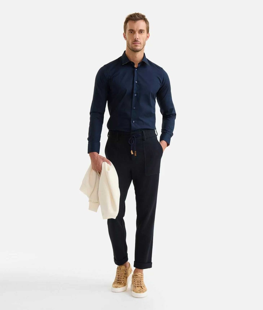 Alviero Martini Maglie, Camicie & T-Shirts | Camicia Slim Fit In Cotone Con Toppe Blu Navy