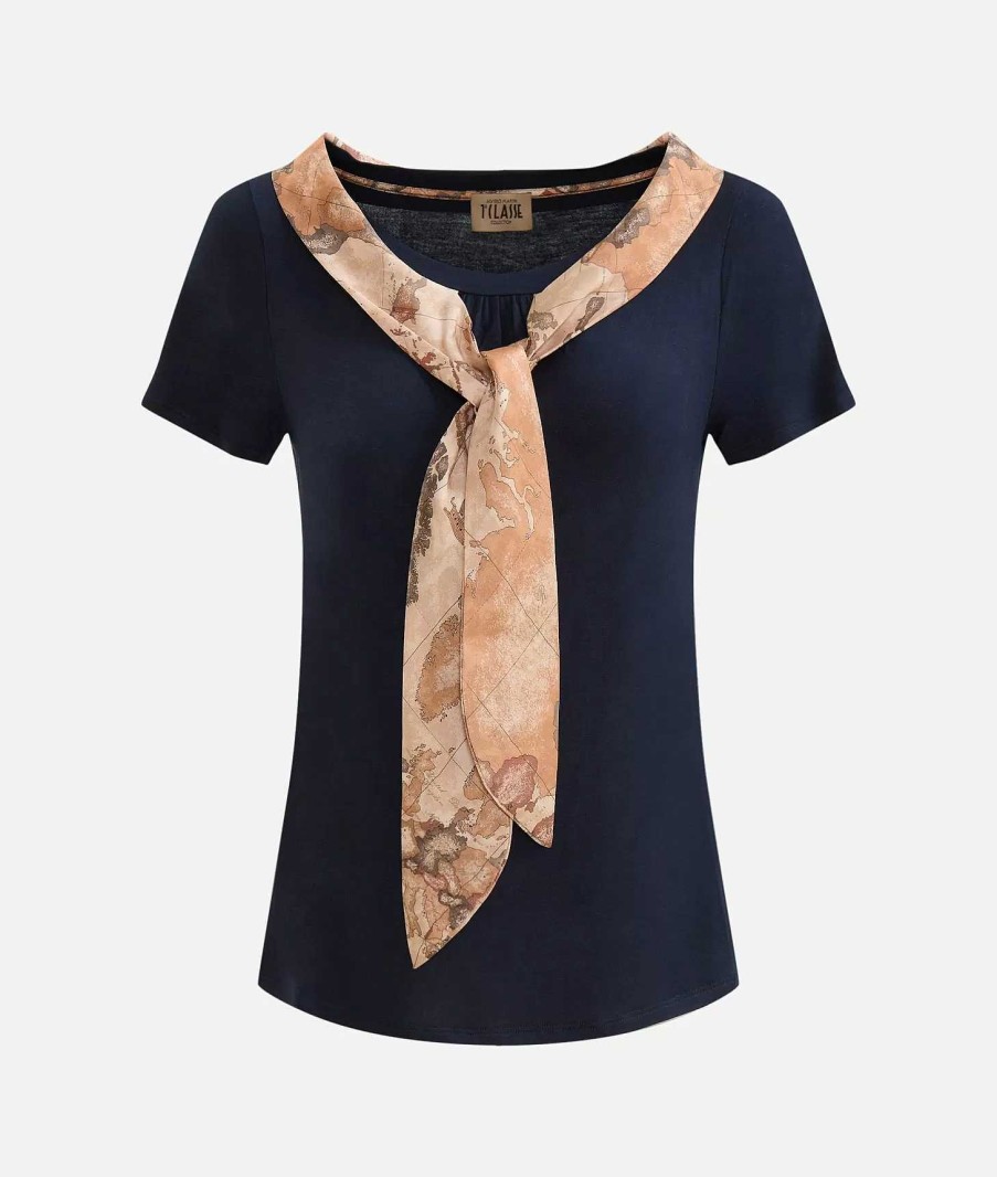 Alviero Martini Maglie, Camicie & Top | T-Shirt Con Foulard In Jersey Di Viscosa Stretch Blu Scuro