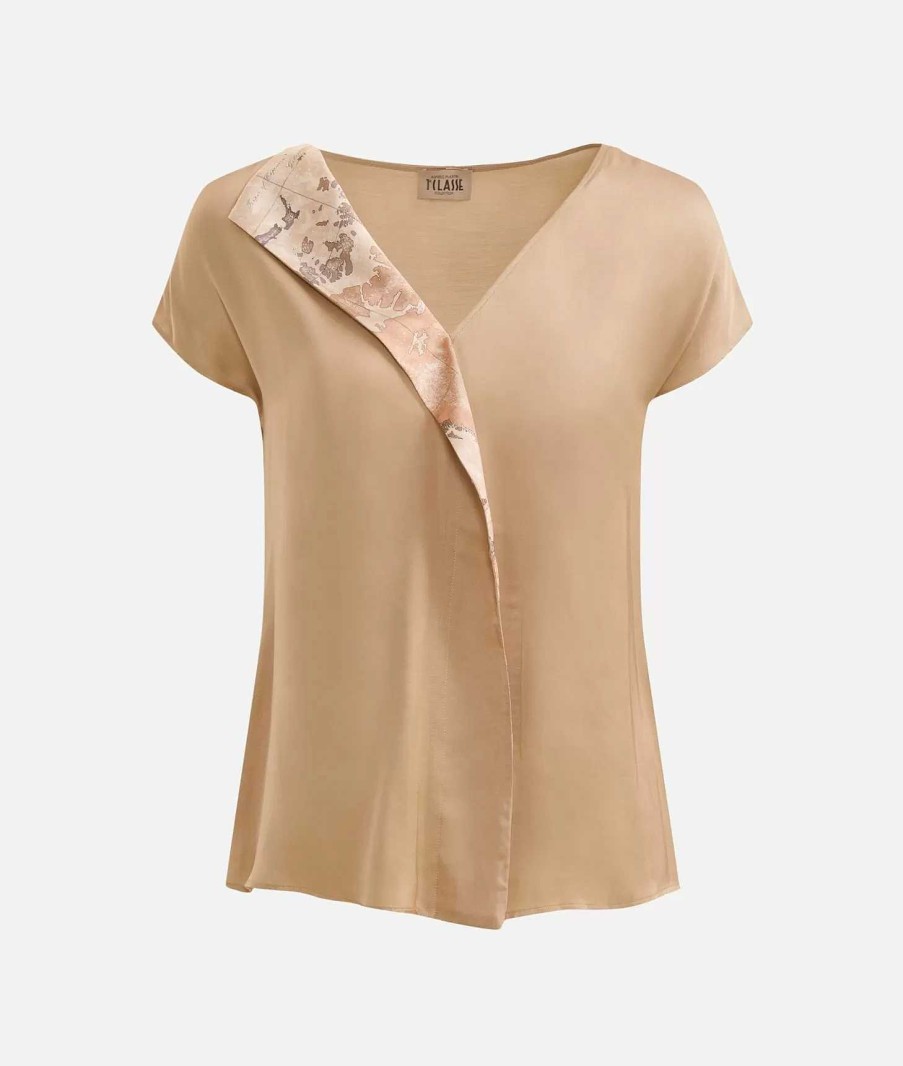 Alviero Martini Maglie, Camicie & Top | Blusa Con Motivo Scollo In Fluido Di Viscosa Deserto