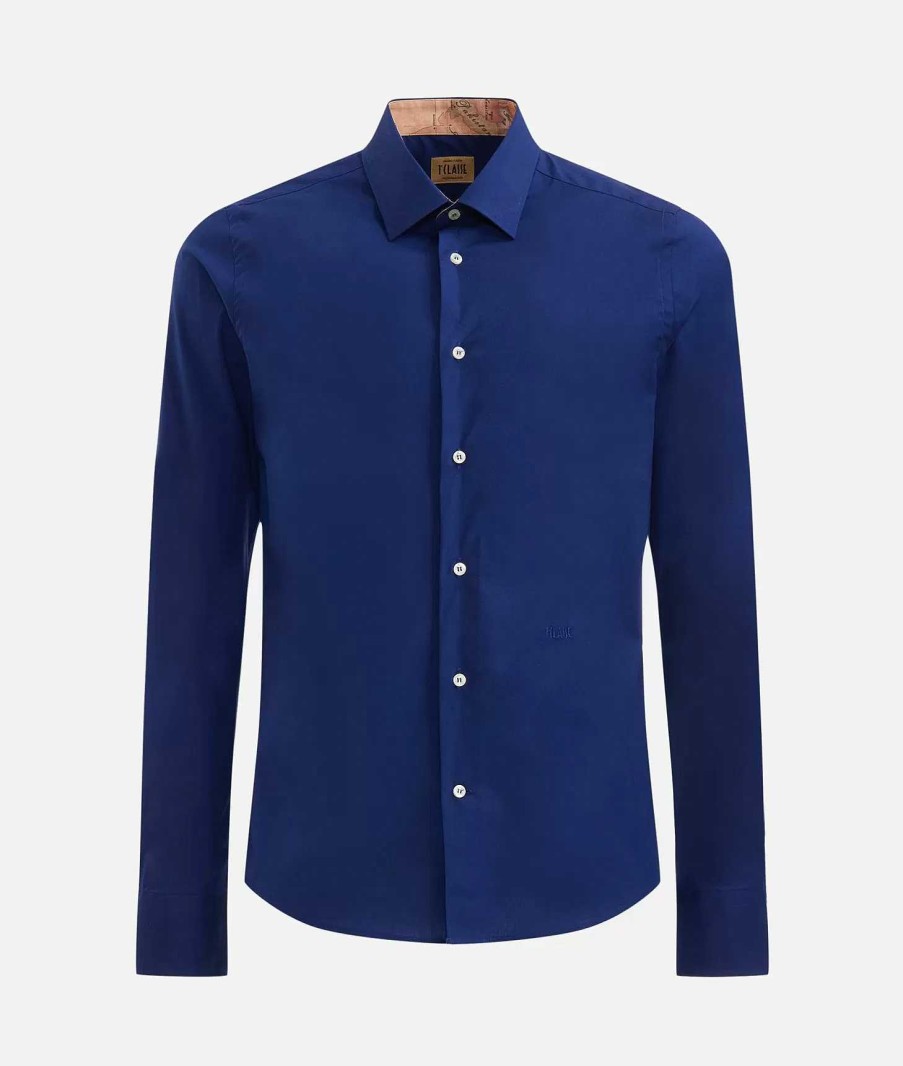 Alviero Martini Maglie, Camicie & T-Shirts | Camicia Super Slim In Cotone Stretch Con Toppe Blu