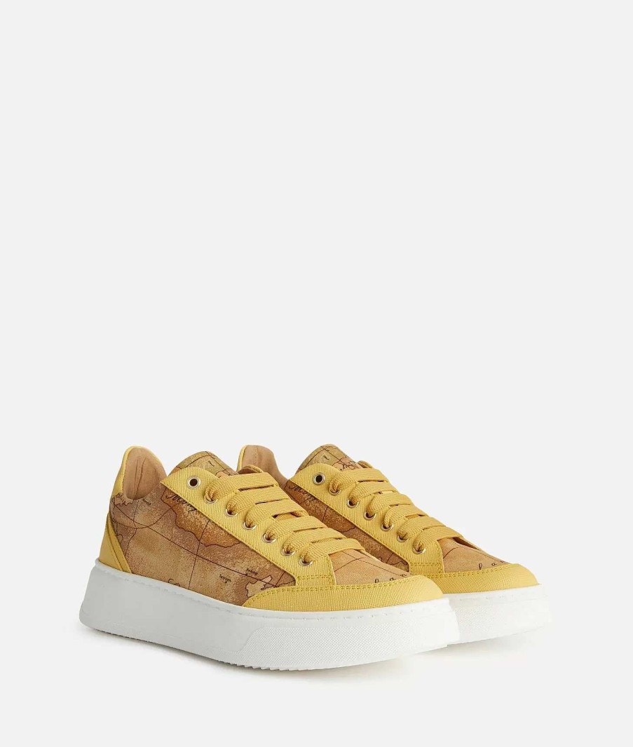 Alviero Martini Sneakers | Sneakers In Tessuto Stampa Saffiano Giallo Oro