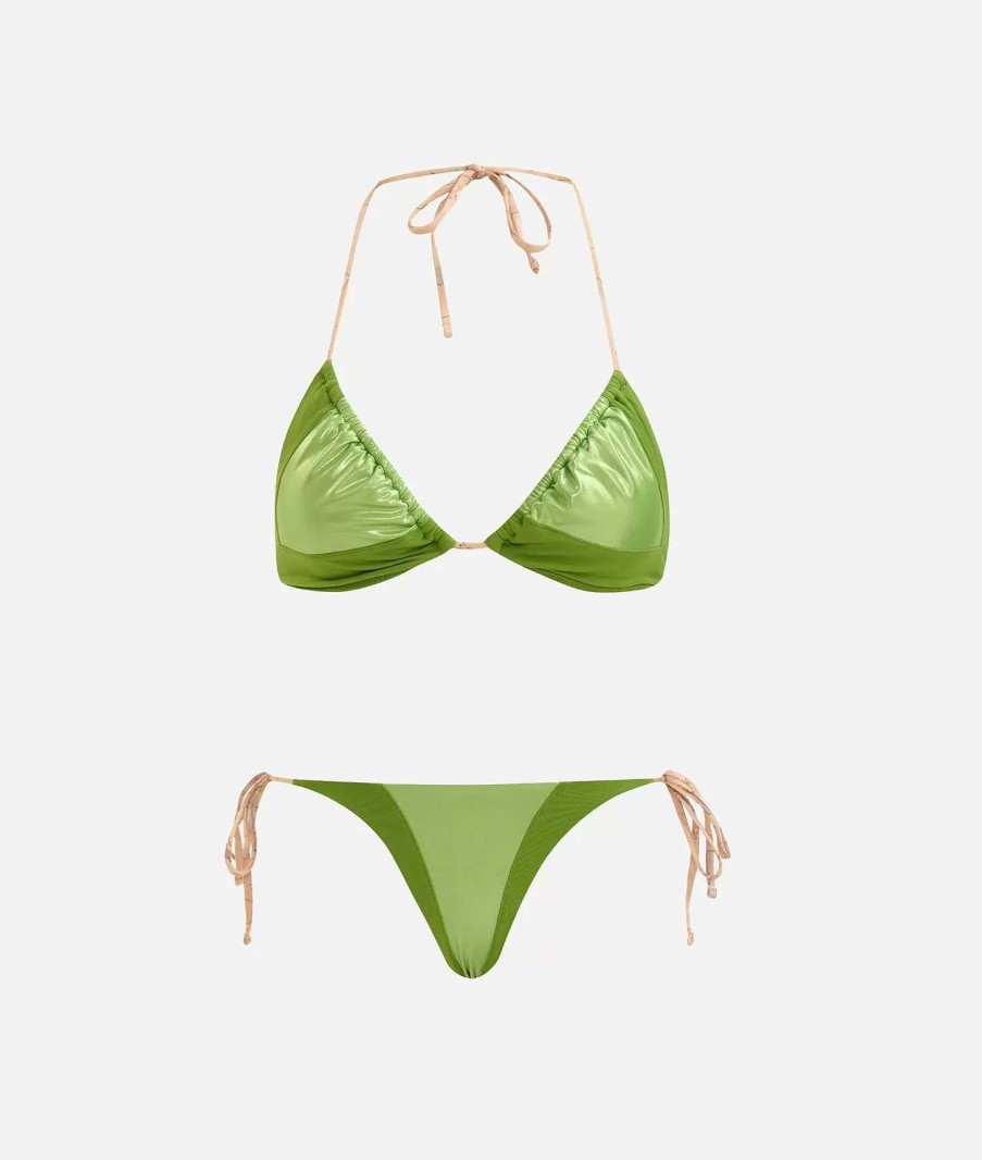 Alviero Martini Costumi & Beachwear | Color Block Satin Bikini Triangolo Verde Daiquiri