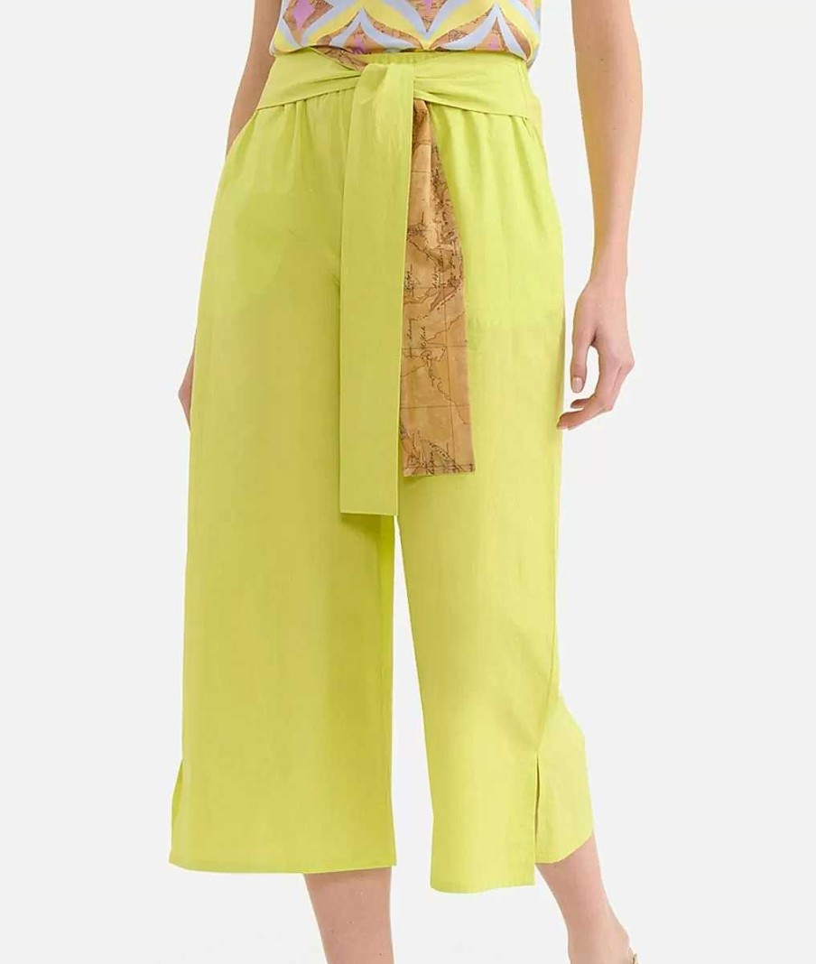 Alviero Martini Gonne & Pantaloni | Pantalone Cropped In Popeline Di Cotone Croccante Lime